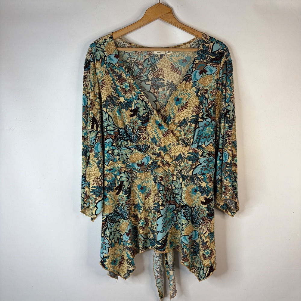 Cato Blouse Women 18/20W Blue Tan Floral Paisley 3/4 Sleeve Handkerchief Hem